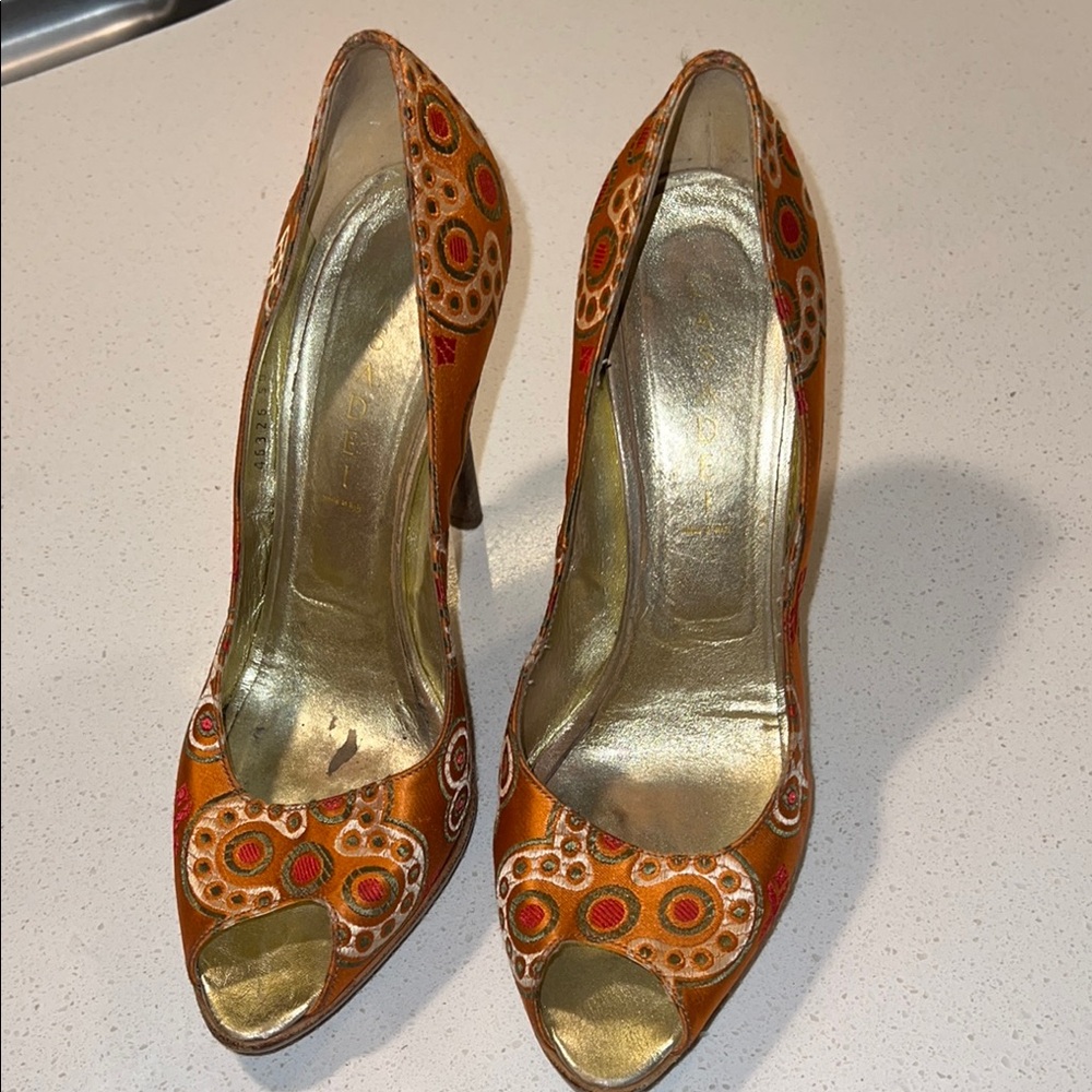 Casadei Paisley Gold and Orange Elegant Leather Heels, Size 10